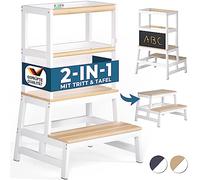 SPIELWERK® Torre de Aprendizaje Montessori Niños Pizarra desde 2 años 100Kg Taburete Infantil 93cm Antivuelco Madera Pino Ayudante Cocina Blanco