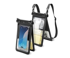 Spigen A603 AquaShield Funda Impermeable con Dos Bolsillos para Smartphones, Bolsa Impermeable con certificación IPX8 y Correa para el Hombro para Playa, Piscina y Viajes - Negro