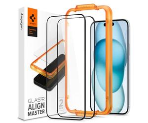 Spigen AlignMaster Cobertura Completa Protector Pantalla para iPhone 15, 2 Unidades, Marco de Alineación incluido, Compatible con Funda, Dureza 9H