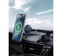 Spigen Essential MagFit Qi2 15W Cargador de Coche MagSafe [Cable de 1,5 m Incluido] Soporte de Carga Inalámbrica con LED RGB, Imán N52 de Alta Potencia para iPhone 17 16 15 14 13 12 - Salpicadero