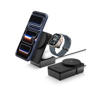 Spigen Essential Qi 2.2 25W 3 en 1 + C Cargador Inalámbrico Soporte MagSafe [2M USB C Cable] para iPhone 17/16/15/14/13/12 (Pro/MAX/Air), Apple Watch (SE), AirPods (4/3/2 Pro), Pixel Buds Pro - Negro