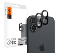 Spigen Glas.tR Optik Protector de Cámara para iPhone 16, iPhone 16 Plus, 2 Unidades, Negro, Instalación Fácil, Dureza 9H, Anti-Arañazos