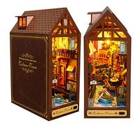 Spilay Rincón de libros de bricolaje, kit de montaje de casa de muñecas en miniatura, rompecabezas de madera 3D, decoración de estantería con sensor de luz, sujetalibros, kit de creatividad para