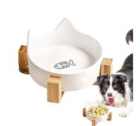 Spill-Proof Ceramic Dog and Cat Bowls, Anti-Fall Cat Feeding Bowl with Wooden Stand, Cute Cat Ear Water Dish for Indoor Pets, No Slip Elevated Design for Dogs and Cats, Feeding