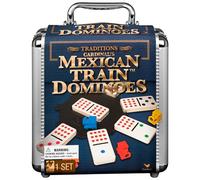 Spin Master - Juego de Dominó Mexicano - 2-8 Jugadores - 8+ Años - Aluminio Portátil - Incluye 91 Dominós, 9 Trenes, Almohadilla de Puntuación, Instrucciones y Funda de Transporte de Aluminio