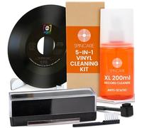 SPINCARE Kit de Limpieza XL 5-en-1 para Discos de Vinilo | Cepillo de Terciopelo | Spray Antiestático 200ml | Paño de Microfibra | Soporte de Secado | Kit para LP