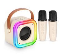 Spinosaurus Mini máquina de karaoke para niños, micrófonos inalámbricos con altavoz Bluetooth portátil, 2 micrófonos y altavoz de luz LED colorida para cantar regalos de cumpleaños (beige)