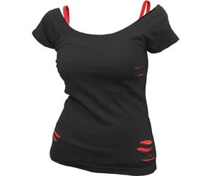 Spiral Direct Urban Fashion - 2in1 Red Ripped Top Black, Camiseta Mujer, Negro (Black & 005), 40 (Talla del Fabricante: Medium)