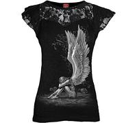 Spiral - Enslaved Angel - Camiseta con Mangas de Casquillo - Capas de Encaje en los Hombros - Negro - L