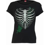 Spiral - Heart Ribs - Glow in The Dark - Top de Manga Casquillo con Cuello de Barco Negro, Negro, L