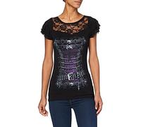 Spiral - Waisted Corset - Camiseta con Mangas de Casquillo - Capas de Encaje en los Hombros - Negro - L