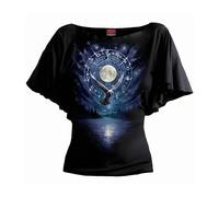 SPIRAL Witchcraft Top Negro Cuello Barco Manga Murciélago Con Luna Y Símbolos