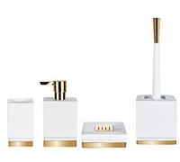 Spirella Juego de 4 accesorios de baño de porcelana: dispensador de jabón, escobilla, jabonera y caja de almacenamiento, color blanco y dorado