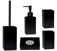 Spirella Juego de accesorios de baño de 5 piezas de cerámica Quadro, dispensador de jabón, escobilla, jabonera y 2 vasos para cepillos de dientes, color negro mate