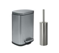 Spirella - Papelera con Pedal + Escobilla de Acero Akira - Cierre Suave y Fácil, Antihuellas - 21,4 x 17,6 x 30 cm - 5L - Acero Inoxidable Cepillado