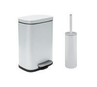 Spirella - Papelera con Pedal + Escobilla de Acero Akira - Cierre Suave y Fácil, Revestimiento Antihuellas - 21,4 x 17,6 x 30 cm - 5L - Blanco Mate