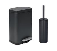 Spirella - Papelera con Pedal + Escobilla de Acero Akira - Cierre Suave y Fácil, Revestimiento Antihuellas - 21,4 x 17,6 x 30 cm - 5L - Negro Mate