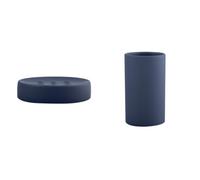 Spirella Tube Set de Baño Jabonera + Vaso Cerámica Azul | ranuras de drenaje, superficie lisa, boca ancha, base estable, color azul