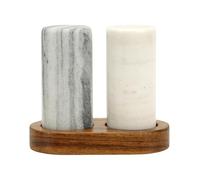 Spiretro Elegante juego de salero y pimentero de mármol con soporte de madera de acacia, coctelera cilíndrica de mármol gris y blanco real para estante de cocina, mesa o estante de especias, 1.75 x