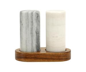 Spiretro Elegante juego de salero y pimentero de mármol con soporte de madera de acacia, coctelera cilíndrica de mármol gris y blanco real para estante de cocina, mesa o estante de especias, 1.75 x