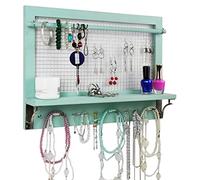 Spiretro Organizador de Joyas de Madera para Pared - Turquesa - Ganchos, Barra para Estante - Almacenamiento de Accesorios