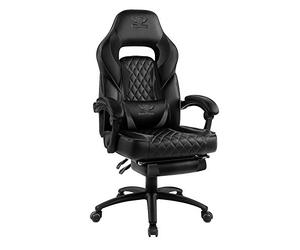 Spirit Of Gamer - Mustang Series - Silla De Juego - Cuero Artificial Tapizado - Reposapiés - Cojín para Cuello Y Lumbares - Reposabrazos con Bisagras - Inclinación De 135° - Logotipo De Costura Negro