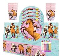 Spirit Riding Free Party Supplies Pack Sirve 16: Spirit Party Supplies Platos, Servilletas, tazas y mantel con velas de cumpleaños, suministros de fiesta de cumpleaños para niñas Paquete para 16