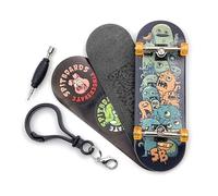 SPITBOARDS 32 * 96 mm Fingerboard Complete Wood Set-Up Assembled, 5 capas, Silver Trucks with Bushings and Nuts, CNC Bearing Wheels in Transparent Orange Lasered Foam Grip Tape Cute Monsters