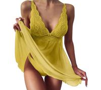 Spitze Negligee Damen Sexy Babydoll Nachtwäsche Spaghetti Träger Tiefer V-Ausschnitt Nachtkleid und Tanga Curvy Dessous Set Reizwäsche Mollig Hot Nachthemd Transparent Plissiert Kleid Chemise/1