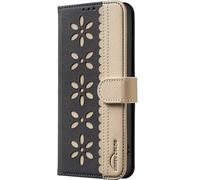 Spitzenblumen Handyhülle für Xiaomi Redmi 14C Hülle Klappbar Klapphülle mit Handytasche Kartenfach Handy Schutzhülle Tasche Leder Wallet Flip Case Slim Book Cover Hülle,schwarz