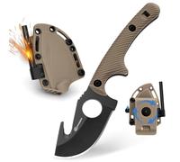 SPITZKANTE Cuchillo de Supervivencia HO-YN - Mini cuchillo de hoja fija para exteriores con clip giratorio de 360°, hoja de 6,2 cm, silbato integrado, cadena de bolas, hoja negra y mango caqui