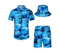 SPKPKEY Conjunto de camisa y pantalones cortos hawaianos para hombre, 2 piezas, camisas casuales con botones, trajes de playa de verano con sombreros de pescador, L