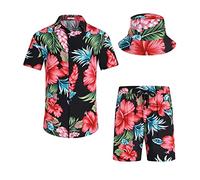 SPKPKEY Conjunto de camisa y pantalones cortos hawaianos para hombre, 2 piezas, camisas casuales con botones, trajes de playa de verano con sombreros de pescador, XXL