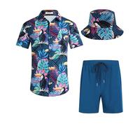 SPKPKEY Conjunto de camisa y pantalones cortos hawaianos para hombre, ajuste regular, manga corta, casual, trajes de playa con sombreros de pescador, tallas S-XXL, Azul marino y pájaro, XXL