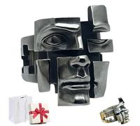 Split-Persona Mask Silver Ring, Vintage Human Face Pattern Opening Rings,Handmade Unique Multi-Personality Mask Ring with Adjustable Open,Men and Women Abstract Art Accessories (Silver, 0.7in)