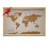 Splosh Mapa de viaje - Tablero de mapa del mundo en marco de madera blanco, tablero de corcho con 100 pines en 2 colores para marcar tus aventuras pasadas y futuras. Mapas del mundo enmarcados para