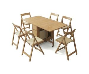 Spnvbe Juego de comedor extensible que ahorra espacio, mesa plegable con 6 sillas, 2 cajones de deslizamiento suave y 4 ruedas de bloqueo, esquinas redondeadas seguras, diseño que no se tambalea para