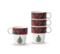 Spode Tazas apilables de tartán de árbol de Navidad, juego de 4 | Tazas de café con diseño de tartán con asa | Bonitas tazas de café para las fiestas - Loza fina | Taza de café - Capacidad de 10 onzas