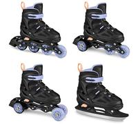 SPOKEY QUATTRO Set 4 en 1 patines en línea/patines de ruedas, triskates/patines de hielo ajustables, para niños y jóvenes, convertibles en patines en línea, tallas: 30-33, 34-37, 38-41 (negro/morado,