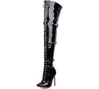 SPONYBORTY 4.72 pulgadas Zapatos de tacón alto fe tiche sexys grandes para mujer Zapatos de tacón alto finos con encaje de charol Cordones Botas hasta el muslo hasta la rodilla para motocicleta botine