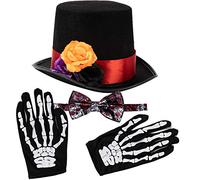 Spooktacular Creations 4 Pcs Halloween Día de los Muertos Juego de Accesorios de disfraces para hombres, incluyendo 1 par de guantes de esqueleto, 1 sombrero de los hombres y 1 pajarita