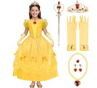 Spooktacular Creations 7 PCS Vestido de Princesa Amarillo para Niñas, Vestido sin Hombros con Dobladillo de Varias Capas para Cumpleaños de Niños Pequeños, Fiesta de Halloween