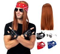 Spooktacular Creations 90s Disfraces de Rock de Metal pesado con peluca, guantes, gafas de sol y pañuelos para hombres