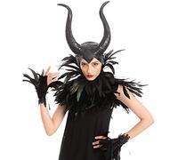 Spooktacular Creations Accesorios Set Disfraz de Maléfica Reina Negra Mala con Cuerno, Mantón de Plumas y Puños de Plumas para Halloween Fiesta de Cosplay