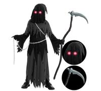 Spooktacular Creations Child Unisex Glowing Eyes Reaper Costume for Creepy Phantom Halloween Costume (Large (10-12 yrs))