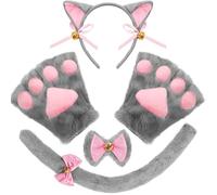 Spooktacular Creations Conjunto de 5 accesorios para disfraz de gatito gris con diadema con orejas de gato, guantes con patas, pajarita y cola para adultos y niños, ideal para cosplay y fiestas