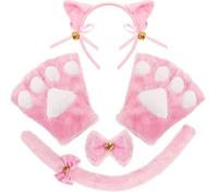 Spooktacular Creations Conjunto de 5 accesorios para disfraz de gatito rosa con diadema con orejas de gato, guantes con patas, pajarita y cola para adultos y niños, ideal para cosplay y fiestas