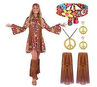 Spooktacular Creations Conjunto de disfraz hippie para mujer, diadema, aretes, vestido, chaleco, calcetines, fundas para botas, atuendo hippie de los años 70 para Halloween, fiesta, cosplay-XL