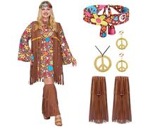 Spooktacular Creations Conjunto de disfraz hippie para mujer, diadema, aretes, vestido, chaleco, calcetines, fundas para botas, atuendo hippie de los años 70 para Halloween, fiesta, cosplay-L