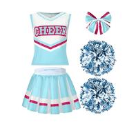 Spooktacular Creations Disfraz de animadora de Halloween, conjunto de uniforme de animadora celeste y rosa, bonito atuendo de animadora con accesorios para Halloween (talla S, 5-7 años)